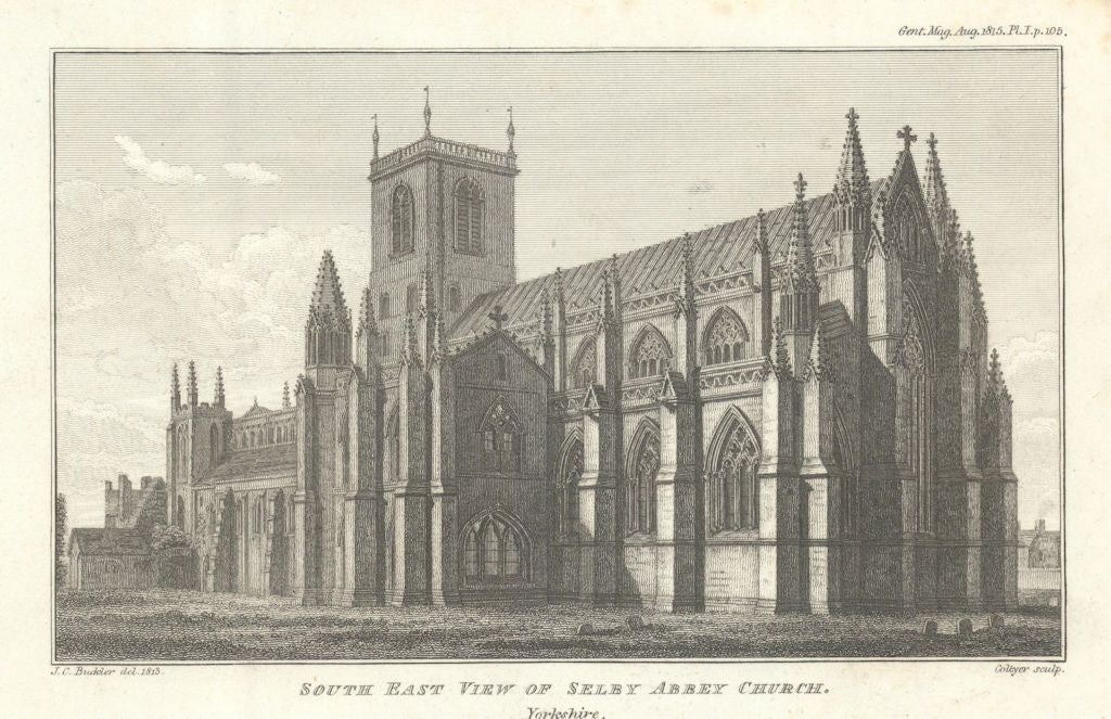 South-east View of Selby Abbey Church, Yorkshire 1815 old antique print